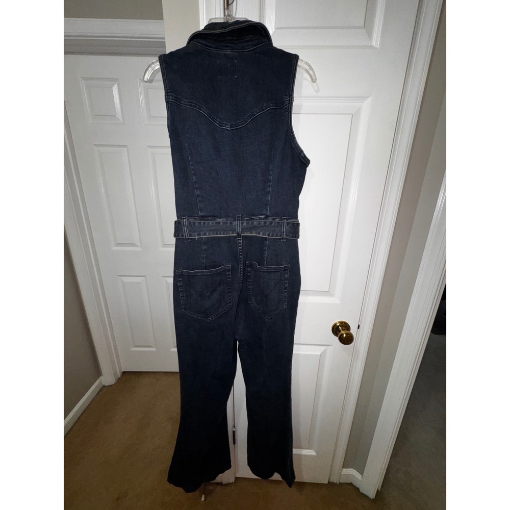 Show Me Your Mumu Womens Denim Jumpsuit Dark Wash Flare Leg Belted XL Sleeveless - Picture 9 of 9